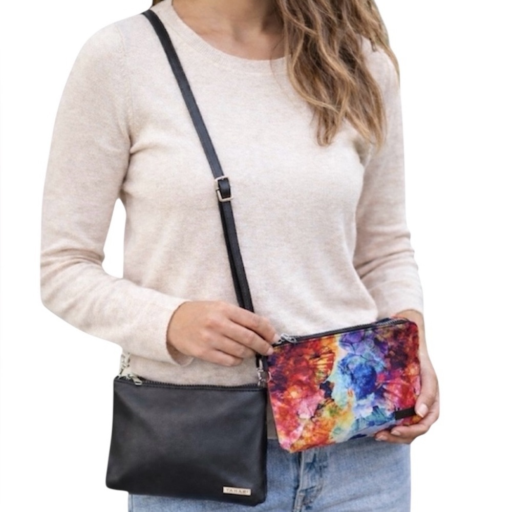 NWT Tahari Black Crossbody Bag and Watercolor Wristlet Set